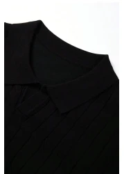 Tarz Cool Men's Black Thin Hair Braided Slim Fit Polo Neck Knitwear T-Shirt