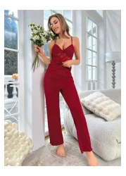 Aura ZEHRA طقم نسائي بحمالات من الدانتيل باللون العنابي