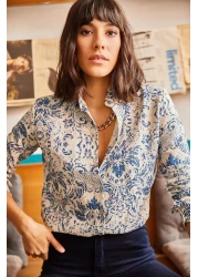 Olalook Women's Ecru Blue Patterned Viscose Shirt GML-19000891