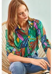 Bianco Lucci قميص فيسكوز نسائي مطوي وأكمام منقوشة بأوراق متعددة