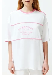  Collection White 100% Cotton Color Blocked Slogan Oversize/Wide Mold Knitted T-Shirt TWOSS24TS00132