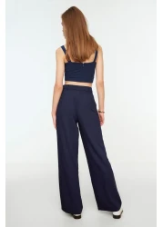  Collection Navy Blue High Waist Wide Leg / Wide Leg Striped Woven Trousers TWOSS22PL0100