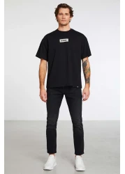 GRIMELANGE Inventıon Men's 100% Organic Cotton Thick Textured Print Detailed Oversize Black T-Shirt