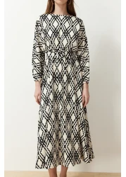  Modest Black Patterned Belt Detailed Crinkle Woven Dress TCTSS24EB00233