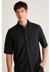 GRIMELANGE Umberto Men's Special Rustic Fabric Textured Relaxed Fit Navy Blue Shirt