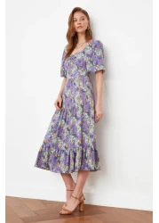  Collection فستان منسوج متوسط الطول بطبعة زهور وأكمام بالون على شكل حرف A باللون الأرجواني TWOSS20EL2323