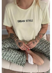 Pijamaevi طقم بيجامة نسائية محبوكة بأكمام قصيرة منقوشة باللون البيج