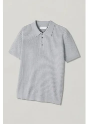 Tarz Cool Men's Gray Corded Buttoned Polo Neck Knitwear T-Shirt