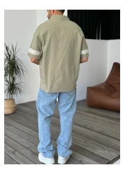 BYBASICMAN قميص كاكي مطرز بالدانتيل بأكمام قصيرة V-847