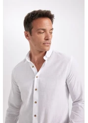 Defacto Modern Fit Buttoned Polo Neck Linen Look 100% Cotton Long Sleeve Shirt T6284Azns