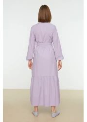 Modest Lilac Crew Neck Waist Belted Woven Dress TCTSS21EL3330