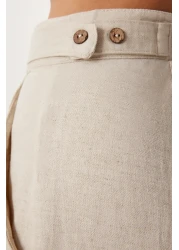 Happiness İstanbul بنطال نسائي واسع الساق من الكتان الكريمي المخلوط MX00211