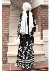 sefamerve فستان من قماش الفيسكوز نصف أزرار 2081-04 أبيض وأسود