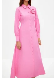  Modest Pink Flower Detailed Buttoned Woven Mother Daughter Shirt Dress Tctss24Eb00029