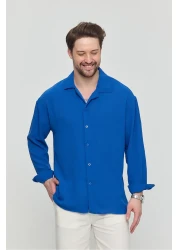 Gray Clothing Men's Indigo Linen Ayrobin Loose Fit Textured Oversize Summer Casual Shirt