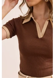 Olalook Women's Brown Beige Polo Neck Color Detailed Stretchy Cotton Blouse Blz- 19002920