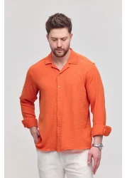 Gray Clothing قميص صيفي رجالي منقوش فضفاض بأكمام طويلة قميص صيفي كبير الحجم للرجال برتقالي