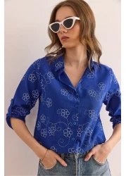 Olalook قميص كتان نسائي من Ivy Saks بأكمام زرقاء GML- 19000825