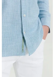 AC&Co / Altınyıldız Classics Men's Green 100% Cotton Slim Fit Slim Fit Hidden Button Collar Linen Look Flame Shirt