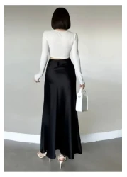 Ezva Women's Stylish Satin Belt Elastic 85 cm Flared Maxi Length Skirt