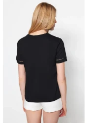  Collection Black 100% Cotton Basic Crew Neck Knitted T-Shirt with Embroidery Detail TWOSS23TS00012