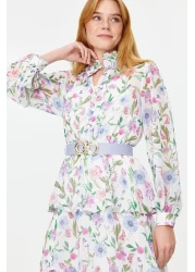  Modest Blue Belted Lined Chiffon Floral Woven Dress TCTSS24EB00024