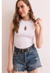 Olalook Women's White Embroidery Detailed Lycra Camisole Blouse Blz- 19002923