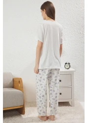  Collection White-Blue Floral Single Jersey Knitted Pajamas Set Thmss25Pt00212