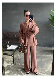 My Blog Brown Shawl Collar Kimono Pants Set - 98655