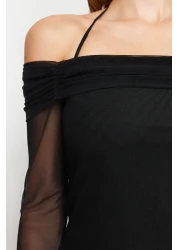  Collection Black Flare Sleeves Lacing Detail Knitted Madonna Neck Blouse Twoss24Bz00046