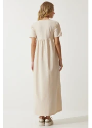 Happiness İstanbul Women's Vanilla Gathered Long Knitted Dress MC00272