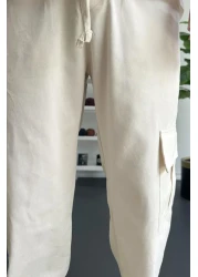 Edwox Men's Cargo Pocket Adjustable Leg Baggy Trousers Cream Edw355