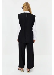  Modest Black Linen Look Side Tie Woven Bottom Top Set TCTSS24US0001