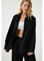 Happiness İstanbul Women's Black Seasonal Woven Shirt Palazzo Trousers Set RV00174