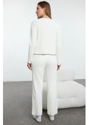  Collection White Cotton Lace and Ribbon/Bow Detail Ribbed Knitted Pajamas Set Thmaw25Pt00206