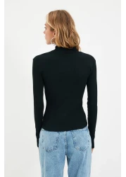  Collection Black Fitted High Collar Long Sleeve Ribbed Stretchy Knitted Blouse TWOAW21BZ0423