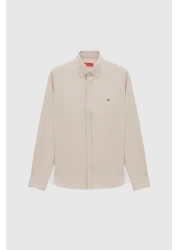 D'S Damat قميص أكسفورد قطني بيج بقصة ضيقة - سهل الكي وياقة بأزرار وتفاصيل مطرزة