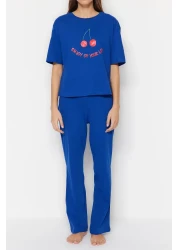  Collection طقم بيجامة قطن 100% باللون الأزرق الداكن - تي شيرت وبنطلون THMSS23PT00134