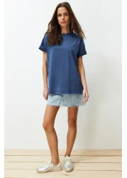  Collection Indigo 100% Cotton Faded Effect Back Printed Boyfriend Crew Neck Knitted T-Shirt TWOSS23TS00109