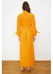  Modest Orange Belted Sleeves Adjustable Detail Button Cotton Woven Shirt Dress Tctss23Eb00365