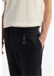Avva Men's Black Relaxed Fit Elastic Waist 100% Linen Trousers B003032