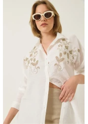 Bianco Lucci قميص Aerobin نسائي مطرز بالترتر والترتر ذو المقاس العادي 60283213