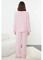  Collection Pink Heart Embroidered Bias Tape Viscose Woven Pajama Set Thmaw25Pt00179