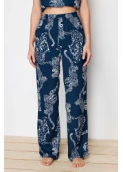  Collection Navy Blue Tiger Patterned Rope Strap Viscose Woven Pajamas Set Thmss24Pt00127