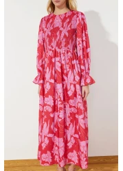  Modest Red Floral Printed Plus Size Elastic Woven Dress TCTSS24EB00109