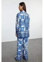  Modest Satin Woven Blue Patterned Top and Bottom Set - TCTAW25US00081