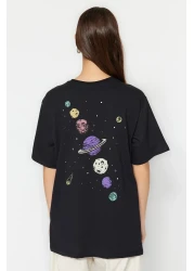  Collection Black 100% Cotton Front and Back Galaxy Printed Boyfriend Fit Crew Neck Knitted T-Shirt TWOSS23TS00257