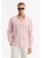 Avva Men's Red Comfort Fit 100% Cotton Button Collar Linen Textured Striped Shirt A51Y2167