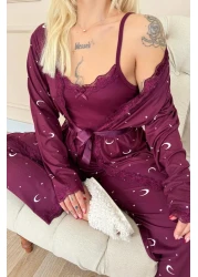 Pijamaevi Plum Moon Star Patterned Bamboo Dressing Gown Women's Pajamas Set