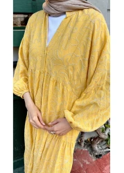 LOCCO فستان نسائي مطرز بالزهور الذهبية باللون الأصفر